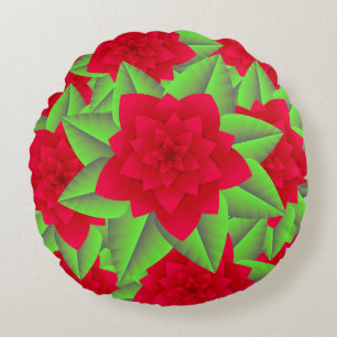 Dark Red Camellias and Green Leaves Round Pillow
