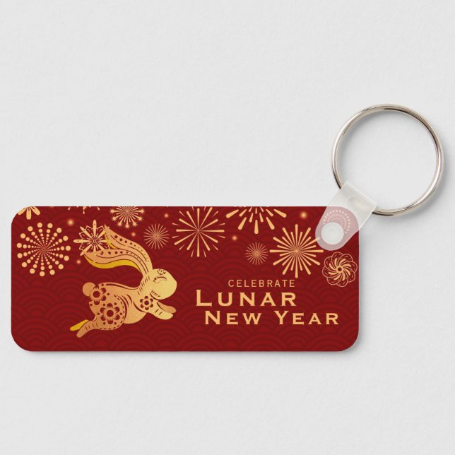 Dark Red Celebrate Lunar New Year 2023 Gold Rabbit Keychain (Front)