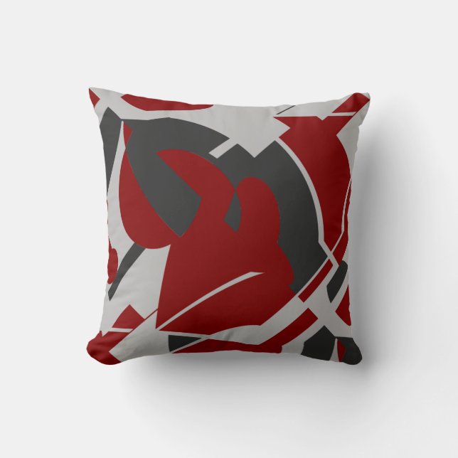 Dark Red Charcoal Grey Bold Swirling Abstract Throw Pillow (Front)