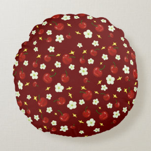 Dark Red Cherry Pattern Round Pillow