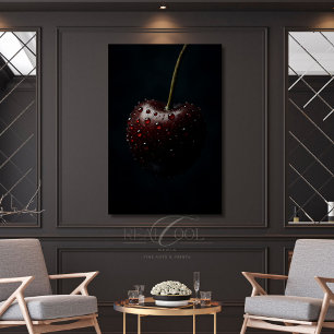 Dark Red Cherry with Dew Drops on Black Poster