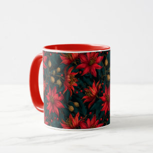 Dark Red Christmas Floral Pattern Mug