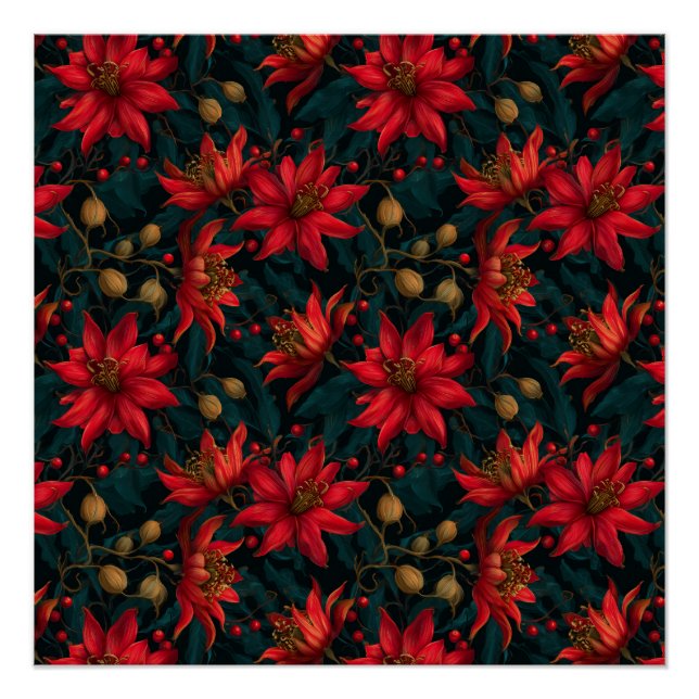 Dark Red Christmas Floral Pattern Poster (Front)