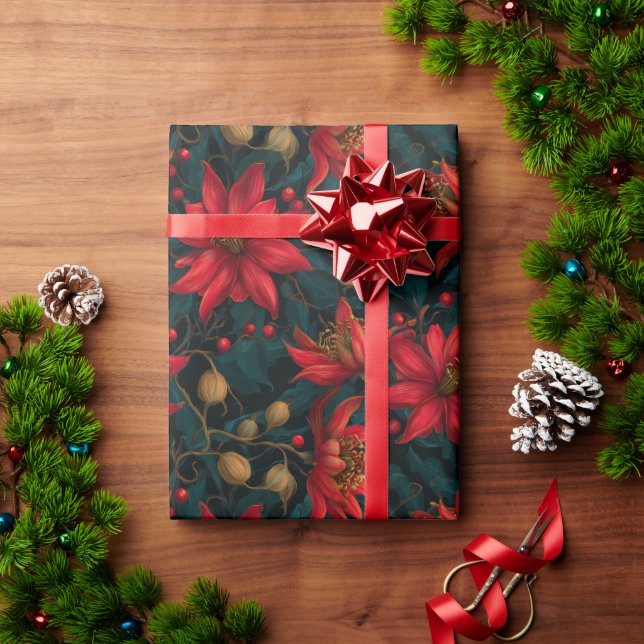 Dark Red Christmas Floral Pattern Wrapping Paper (Holiday Gift)