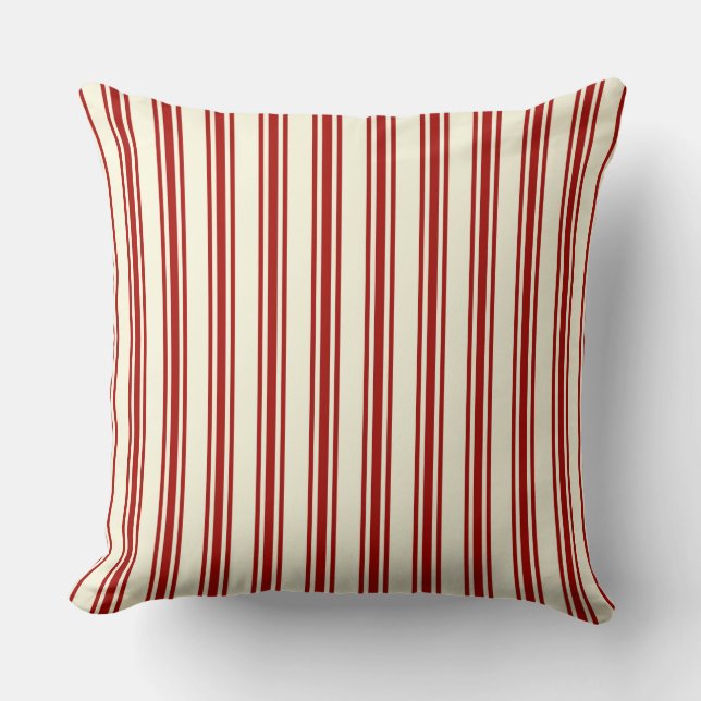 Dark Red & Cream Ticking Stripes Pattern Throw Pillow (Front)