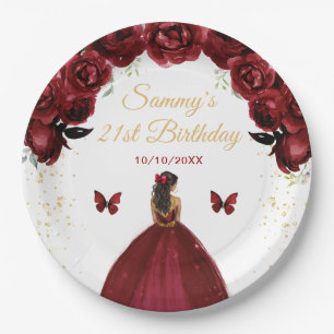 Dark Red Dark Skin Princess Birthday Party Paper Plate