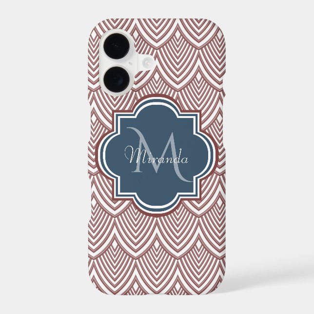 Dark Red Deco Scallops Navy Blue Monogram Name (Back)