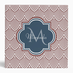 Dark Red Deco Scallops Navy Blue Monogram Name Binder