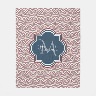 Dark Red Deco Scallops Navy Blue Monogram Name Fleece Blanket