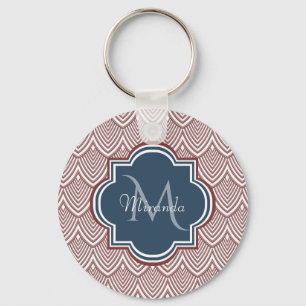 Dark Red Deco Scallops Navy Blue Monogram Name Keychain