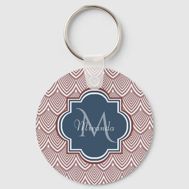 Dark Red Deco Scallops Navy Blue Monogram Name Keychain (Front)