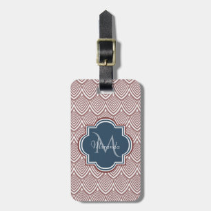 Dark Red Deco Scallops Navy Blue Monogram Name Luggage Tag