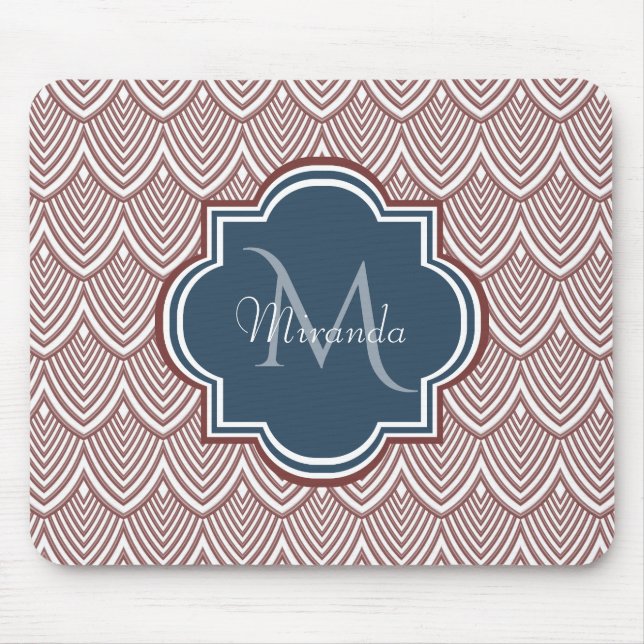 Dark Red Deco Scallops Navy Blue Monogram Name Mouse Pad (Front)