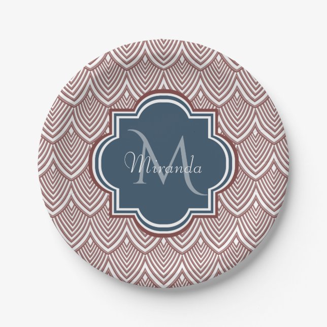 Dark Red Deco Scallops Navy Blue Monogram Name Paper Plate (Front)
