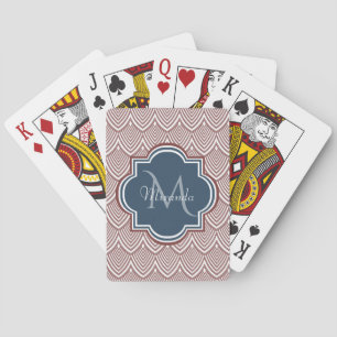 Dark Red Deco Scallops Navy Blue Monogram Name Playing Cards