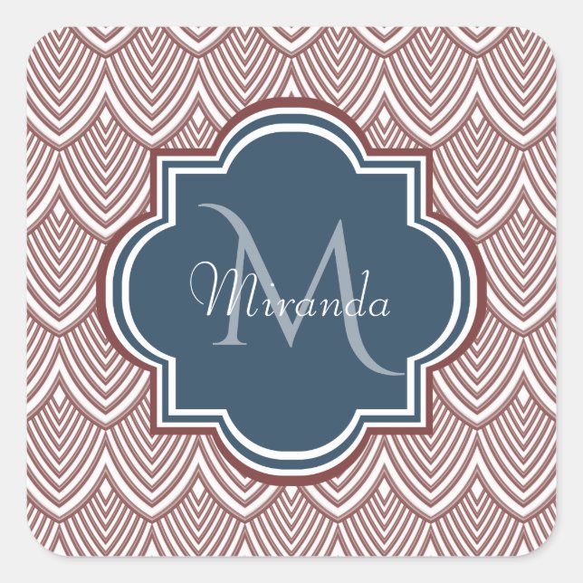 Dark Red Deco Scallops Navy Blue Monogram Name Square Sticker (Front)