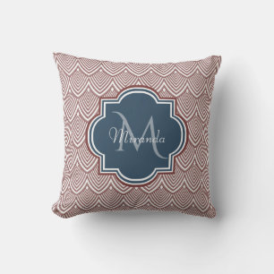 Dark Red Deco Scallops Navy Blue Monogram Name Throw Pillow
