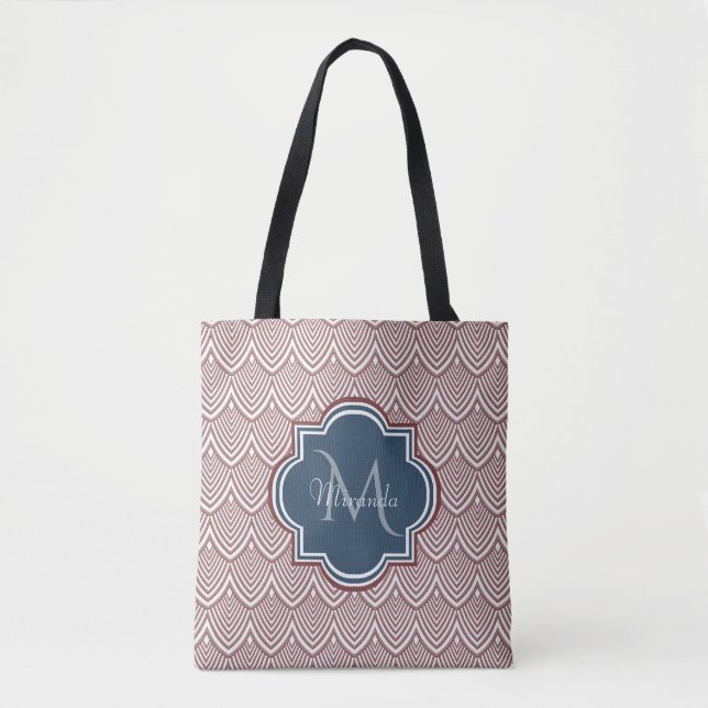 Dark Red Deco Scallops Navy Blue Monogram Name Tote Bag (Front)