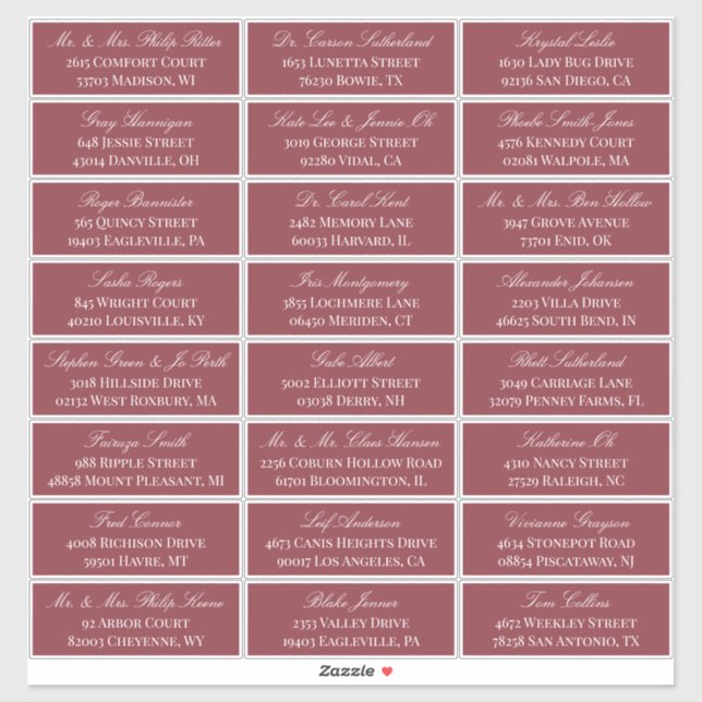 Dark Red Elegant Script 24 Wedding Guest Address (Sheet)