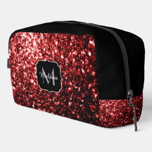 Dark red faux glitter sparkles black Monogram Dopp Kit