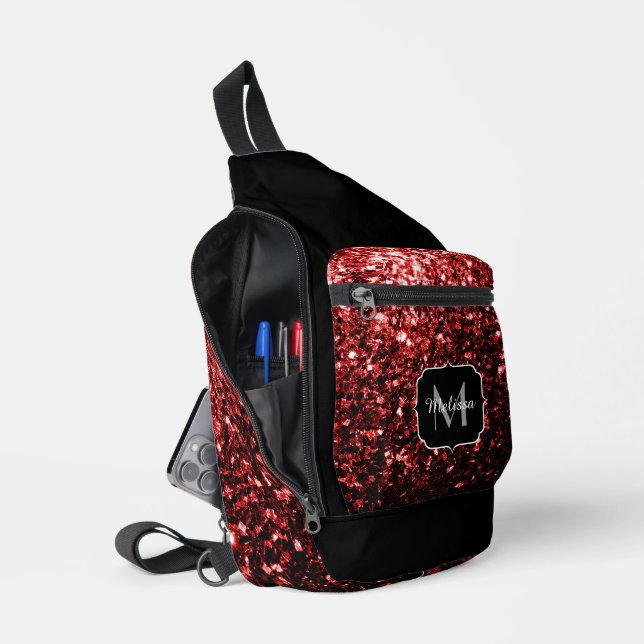 Dark red faux glitter sparkles Black Monogram Sling Bag (Open)