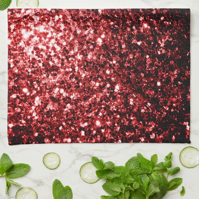 Dark Red faux Glitter sparkles Glamour Kitchen Towel (Folded)