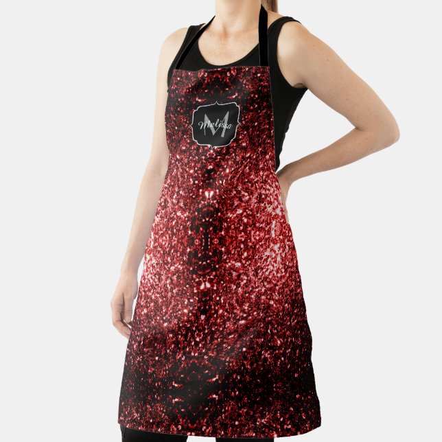 Dark Red faux Glitter sparkles Glamour Monogram Apron (Insitu)