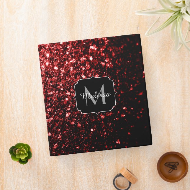 Dark Red faux Glitter sparkles Glamour Monogram Binder (In Situ)