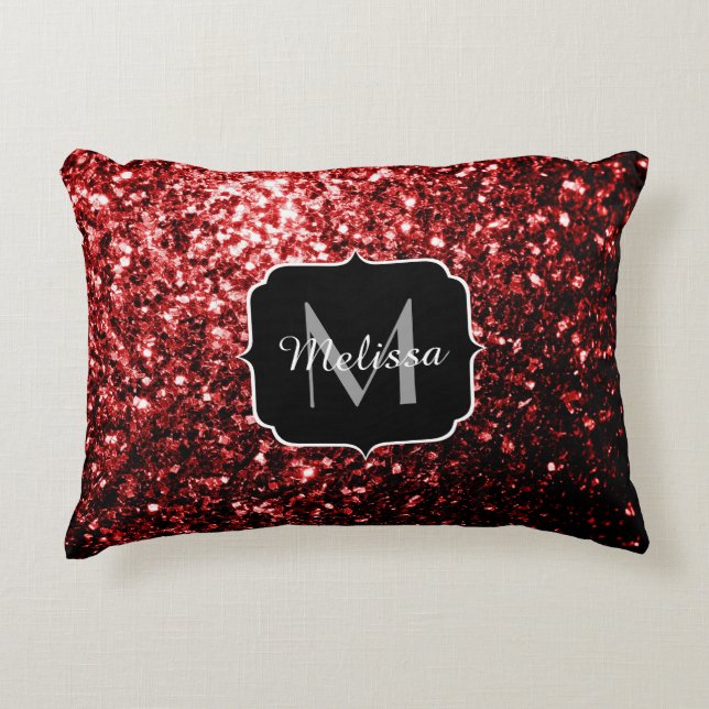 Dark Red faux Glitter sparkles Glamour Monogram Decorative Pillow (Front)