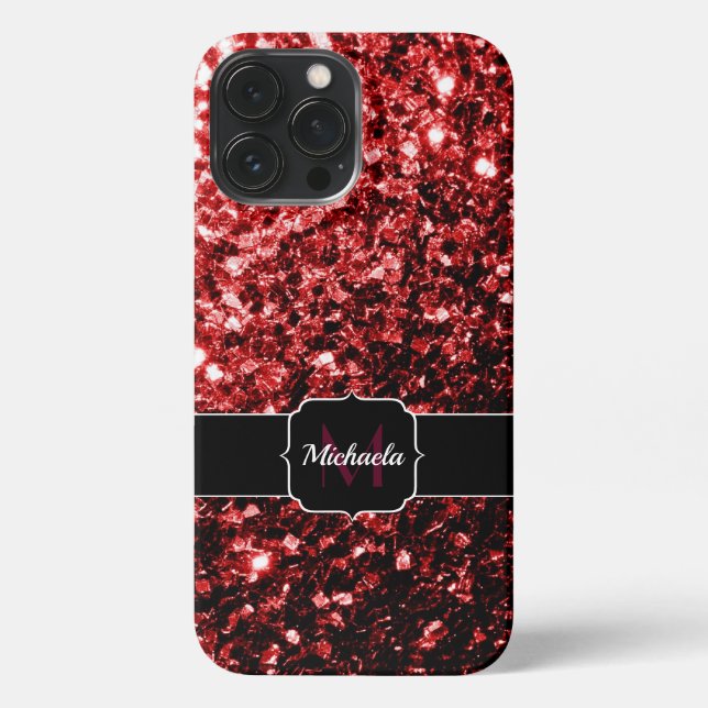 Dark Red faux Glitter sparkles Glamour Monogram iPhone Case (Back)