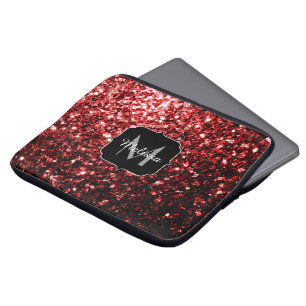 Dark Red faux Glitter sparkles Glamour Monogram Laptop Sleeve