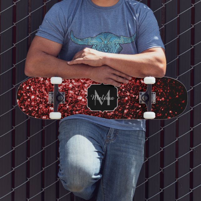 Dark Red faux Glitter sparkles Glamour Monogram Skateboard (Outdoor 3)