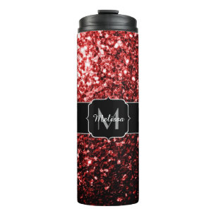 Dark Red faux Glitter sparkles Glamour Monogram Thermal Tumbler