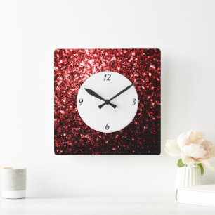 Dark Red faux Glitter sparkles Glamour w numbers Square Wall Clock