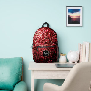 Dark red faux glitter sparkles Monogram Printed Backpack