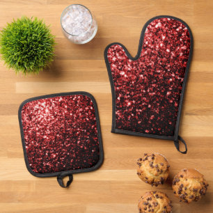 Dark red faux glitter sparkles oven mitt & pot holder set