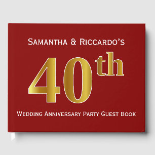Dark Red, Faux Gold 40th Wedding Anniversary Party Guest Book