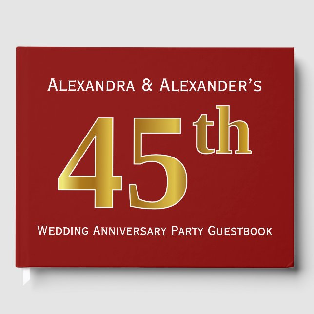 Dark Red, Faux Gold 45th Wedding Anniversary Party Guest Book (Front)