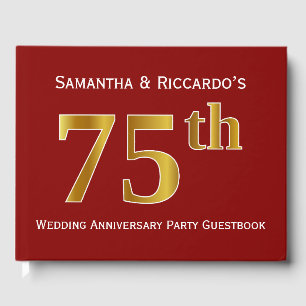 Dark Red, Faux Gold 75th Wedding Anniversary Party Guest Book