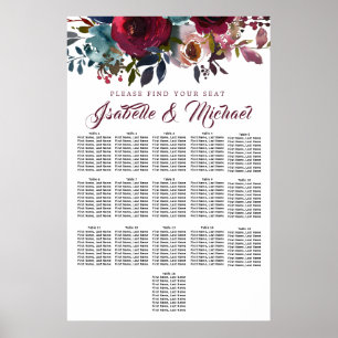 Dark Red Floral 16-Table Wedding Seating Chart