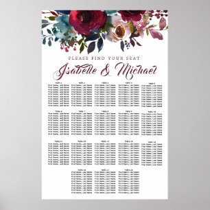 Dark Red Floral 18-Table Wedding Seating Chart