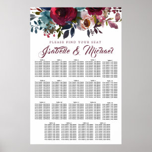 Dark Red Floral 19-Table Wedding Seating Chart