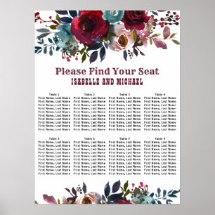 Dark Red Floral 8 Table Wedding Seating Chart