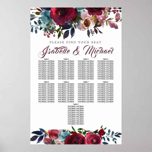 Dark Red Floral 9-Table Wedding Seating Chart (Front)