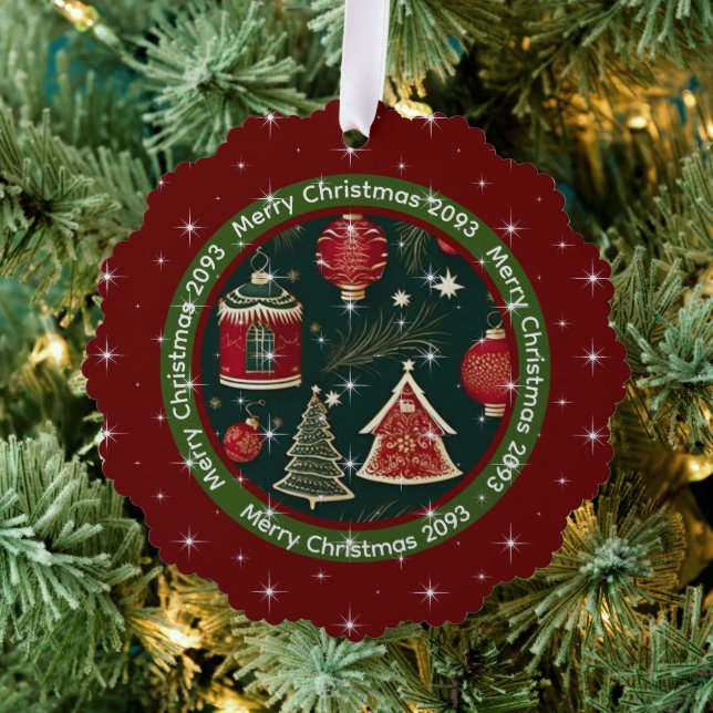 Dark Red Forest Green Personalized Merry Christmas Ornament Card (Insitu (Tree))