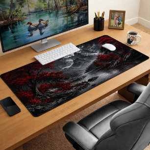 Dark Red Forest Moonlit Mountain Gothic Desk Mat