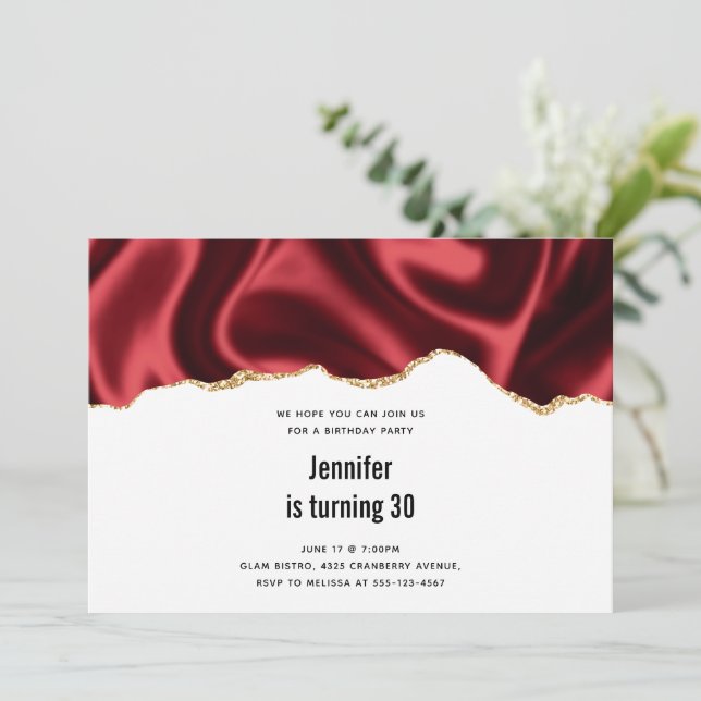 Dark Red Glam Wavy Satin Abstract Design Birthday Invitation (Standing Front)