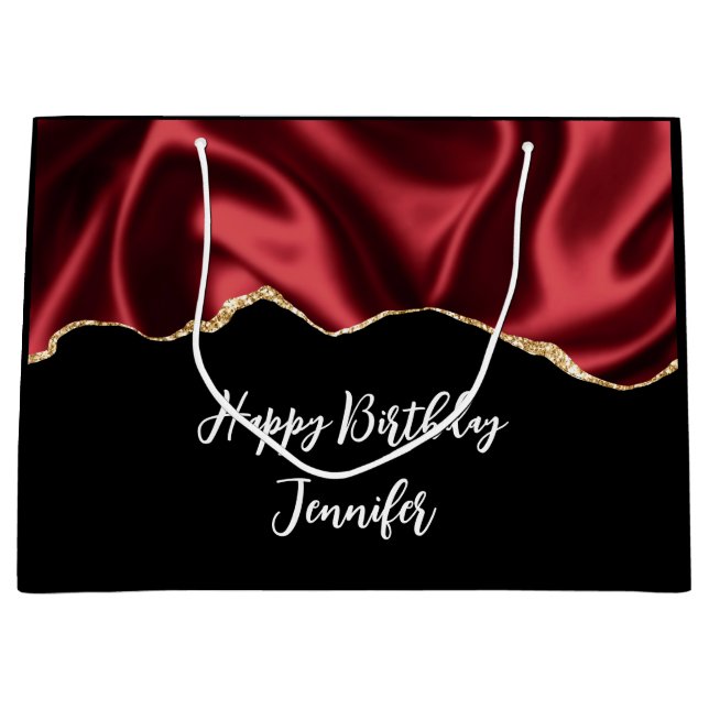 Dark Red Glam Wavy Satin Abstract Design Birthday Large Gift Bag (Front)