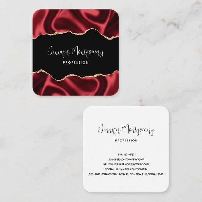 Dark Red Glam Wavy Satin Abstract Design Square Business Card (Front/Back)