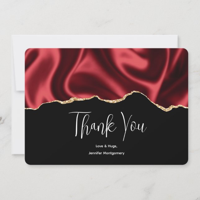 Dark Red Glam Wavy Satin Abstract Design Thank You Card (Front)